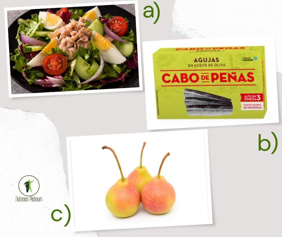 Ensalada mixta con agujas en conserva y tres peras equivalentes a un puño.